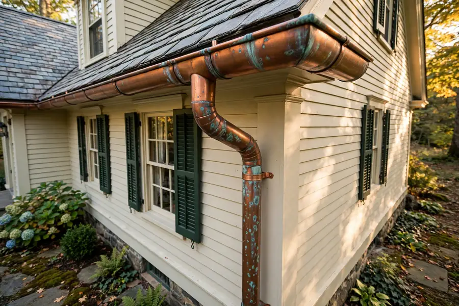 Copper half-round gutters on a Grapevine TX home